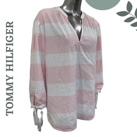 🛍️3/$40 Cotton Stripe Top by Tommy Hilfiger - Pink White Blouse Plus Size XXL - Picture 3 of 7